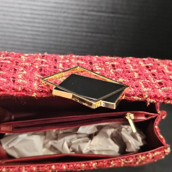 Small Red Burgundy Gold Black Square Tweed Fabric Messenger Crossbody Bag - Picture 10 of 10
